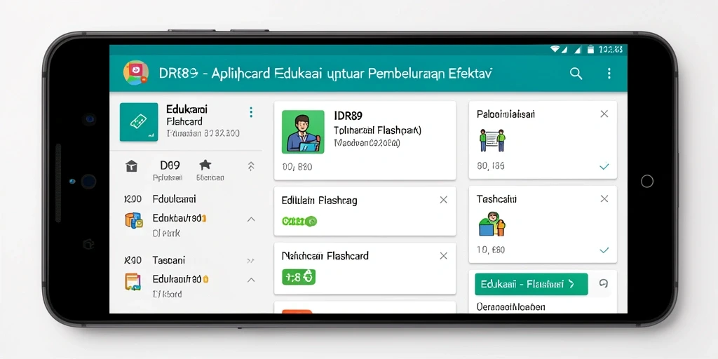 Antarmuka pengguna aplikasi flashcard IDR89 yang interaktif dan menarik.