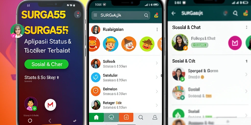 Antarmuka SURGA55 dengan berbagai pilihan stiker dan status menarik.